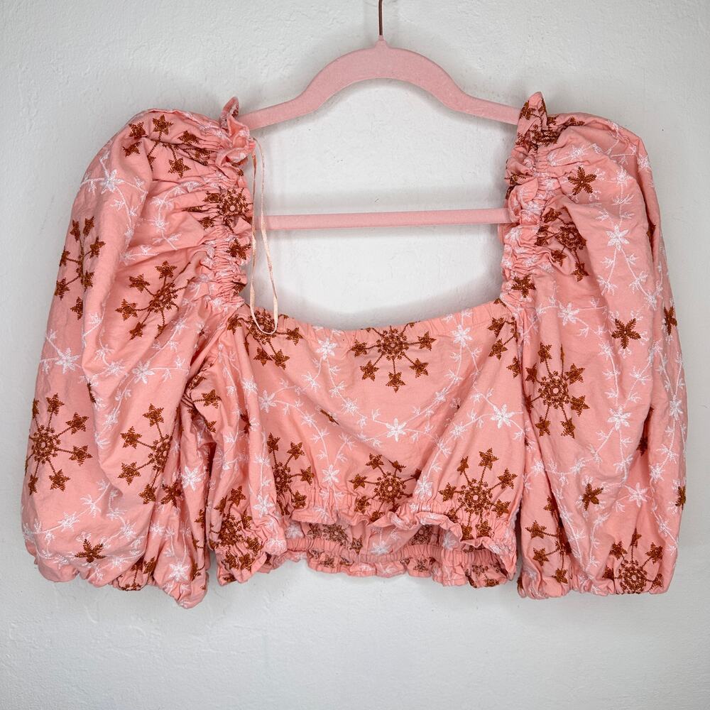 Zara Voluminous Puff Sleeve Floral Embroidered Peach Salmon Pink Crop Top Small - Picture 11 of 13